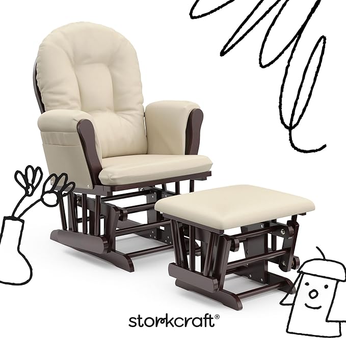 Storkcraft Premium Hoop Glider & Ottoman (Espresso with Beige) — GREENGUARD Gold Certified, Solid Wood Craftsmanship, Convenient Storage Pockets, Smooth-Gliding Chair for Nursery, Multi-Award-Winning