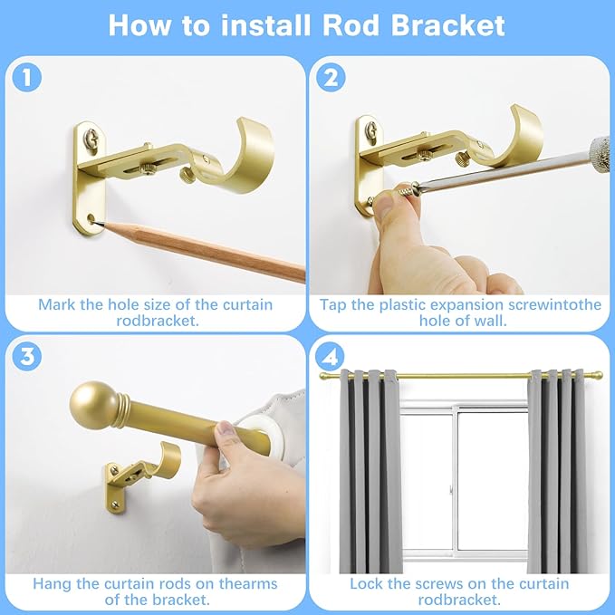 Curtain Rods for Windows 16 to 76 Inches, Curtain Rod Max Adjustable Length of 88 IN, 1" Diameter Drapery Rods Round Finials, Warm Gold, Pack of 1