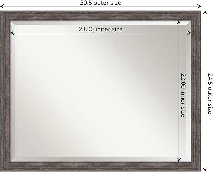 Amanti Art Grey Wall Mirror 25x31 Pinstripe Lead Grey Rectangle Bathroom Mirror for Wall Decor Living Room, Large Modern Wood Frame, Hangs Horizonally and Vertically, Bathroom Decor, Beveled Edge