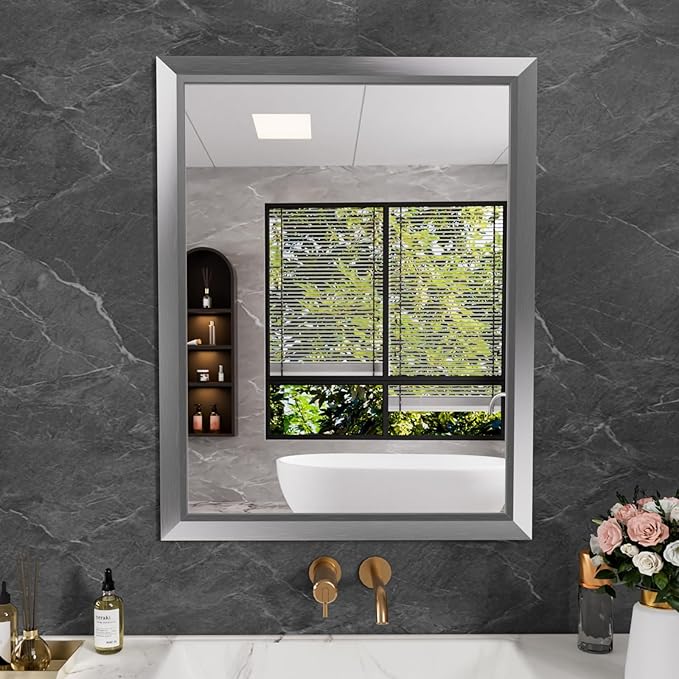 Amorho 28x36 Inch Bathroom Mirror Silver, Thick Metal Framed Wall Mirrors for Over Sink, Brushed Nickel Mirror Perfect for Bedroom, Living Room, Entryway, Rectangle (Horizontal/Vertical).