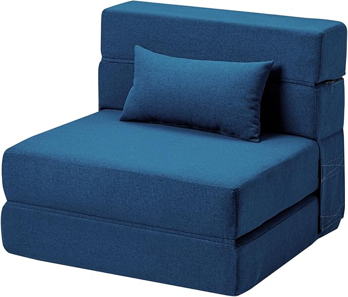Folding Sofa Bed with Pillow- Convertible Chair Floor Couch & Sleeping Mattress, Foldable Memory Foam Sleeper for Living Room/Dorm/Guest Room/Home Office/Apartment/Loft, Single28, Navy Blue