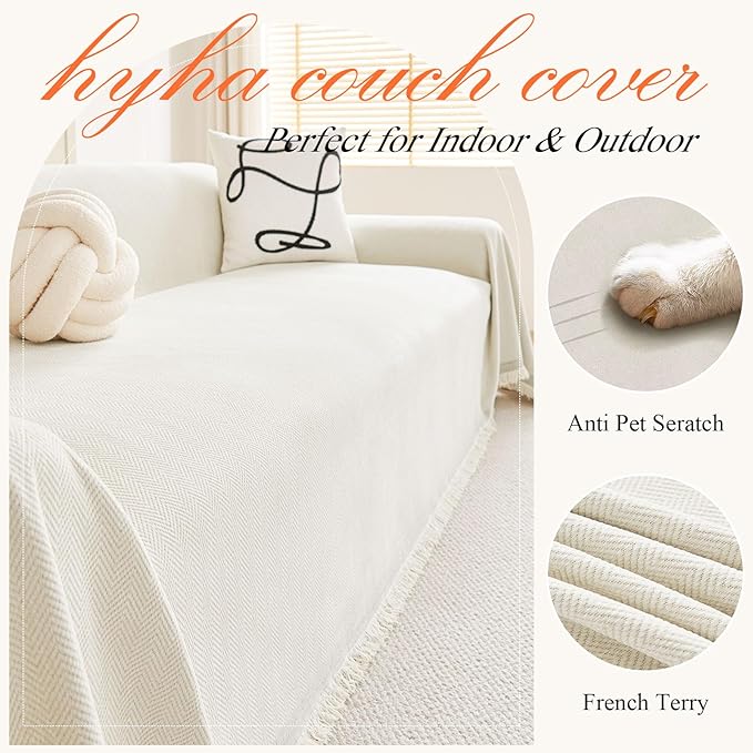 hyha Couch Cover for Dogs, Boho Sofa Covers for 3 Cushion Couch Washable, Chenille Sofa Slipcover for Pets, Soft Loveseat Sectional Couch Throw Blankets with Tassels (Beige, 88.5x150 Inch)