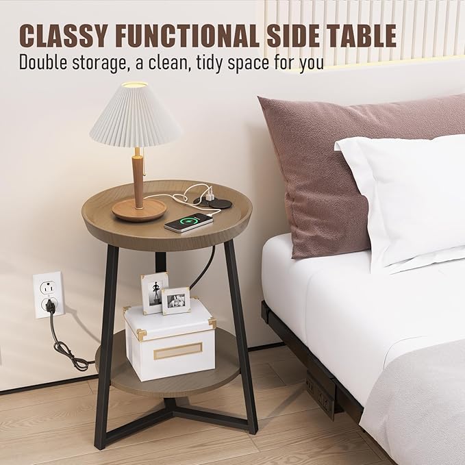 Gadroad Round End Table with Charging Station, USB Ports, Wood Tabletop & Black Metal Frame, 2-Tier Side Table for Living Room, Bedroom, Walnut Color 15.7 * 15.7 * 23.0inches