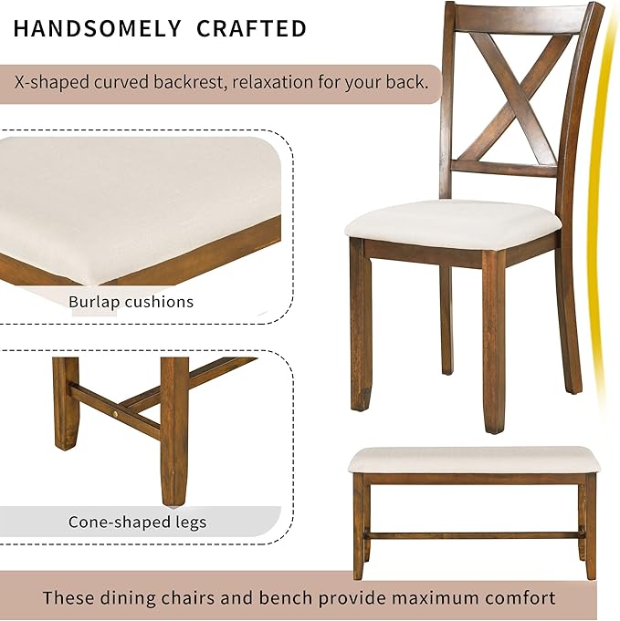 Ball & Cast 6 Piece Dining Table Set with 4 "X-Shaped Curved Backres Fabric Chairs & 1 Bench,Living Room Furniture W/ 60" Rectangle Kitchen Desk,for Restaurant,Home Bistro,Natural Cherry