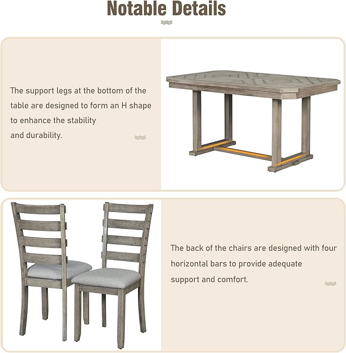 Merax 6-Piece Rubber Wood Dining Table Set with 4 Cushioned Chairs and Bench, Beautiful Wooden Grain Pattern Tabletop, Grey