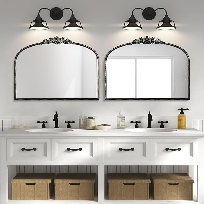 WallBeyond Black Antique Arched Vintage Wall Mirror, 24x32 Inch, Iron Frame, Bathroom, Living Room, Entryway