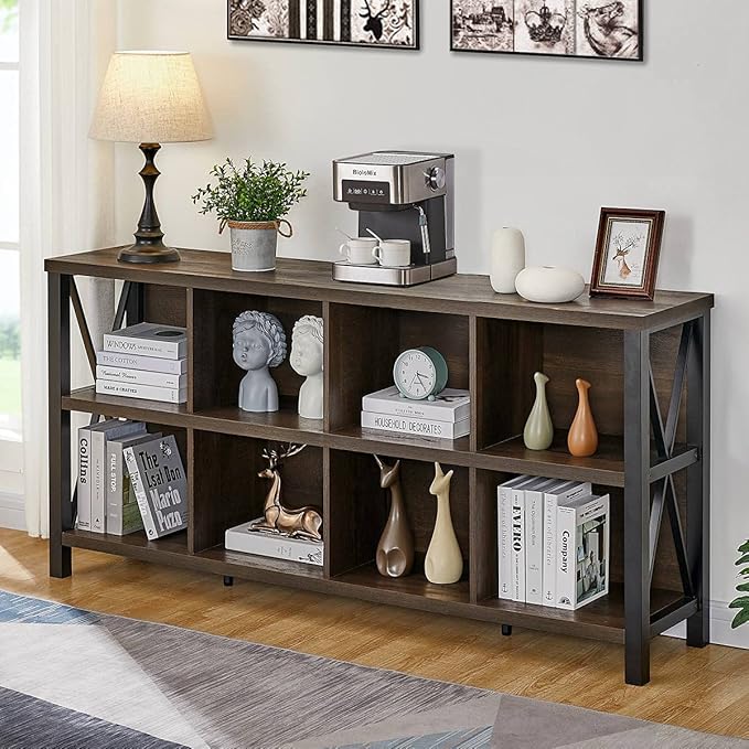 FATORRI 8 Cube Storage Organizer Bookshelf, Rustic Wood Cubby Bookcase, Industrial Horizontal Long Shelf for Living Room (Walnut Brown, 62 Inch)