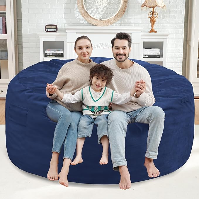 5FT Bean Bag Chair, Large Bean Bag Chairs with Memory Foam Filled, Fluffy Beanbag Sofa with Dutch Velvet Cover, Round BeanBag Chairs for Living Room, Playroom - Blue