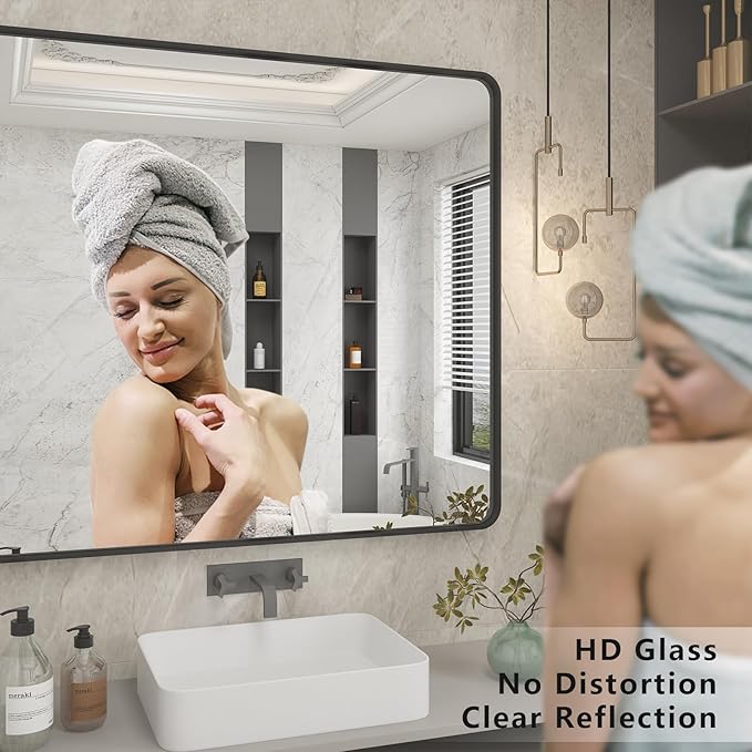 40x32 Black Bathroom Mirror, Matte Framed Bathroom Vanity Mirror for Wall, Modern Rectangle Mirror, Rounded Corners, Tempered Glass (Horizontally/Vertically)