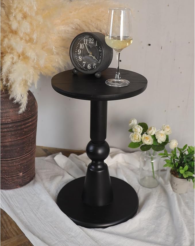 Round Side Table, 11.6 Inch Modern Accent End Table with Pedestal Base, Natural Wood (Black)