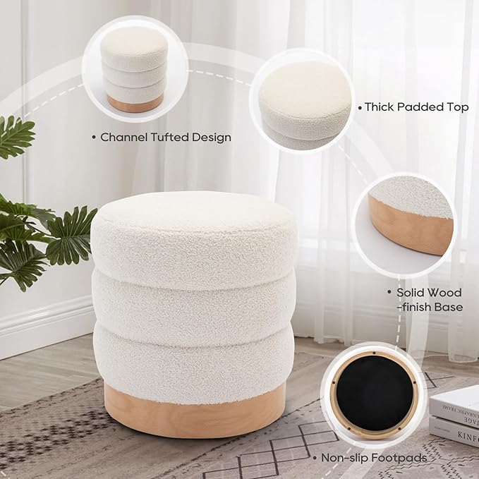 COLAMY Sherpa Ottoman Footstool, Tufted Modern Foot Rest Stool with Wood Base for Living Room, Bedroom, Desk, Round Versatile Side End Table, Pouf, Makeup Seat,2pcs,Cream