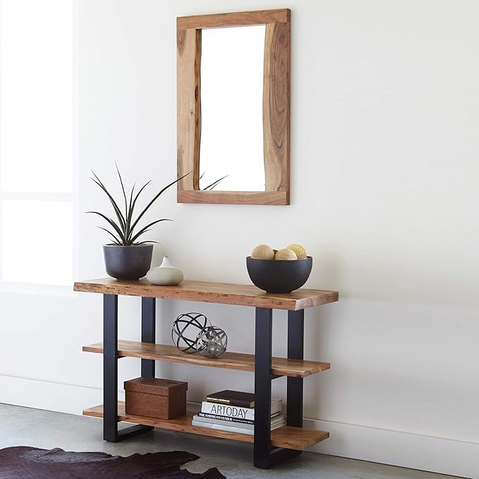 Alpine 24 in. Natural Live Edge Wood Mirror, Wall Bathroom Hanging Decor, Unique Imperfections & Cracks, Clear Natural Finish, Real Wood Ambiance