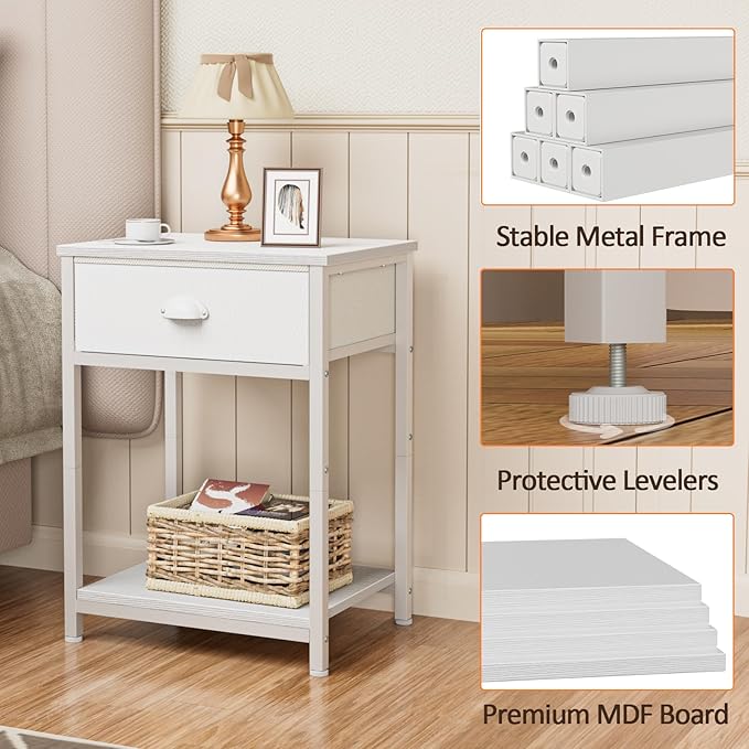 Furologee White Nightstand with Fabric Drawer, Small Side Table for Small Spaces, 2 Tiers Storage Shelves End Table, Night Stand for Living Room, Bedroom, Dorm