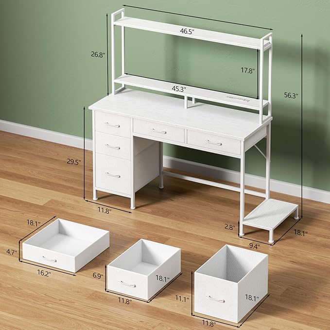 Computer Gaming Desk with Hutch, Home Office Desk with Power Outlets, LED Light, 5 Storage Drawers, 2 Tiers Shelves for Display, 47 Inch Modern Study Writing Table for Bedroom, White