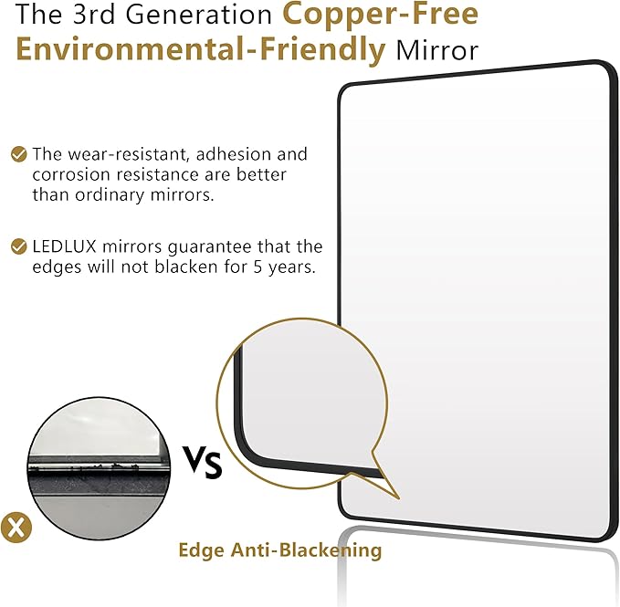 27"x40" Bathroom Wall Mirror with Matte Black Metal Frame & HD Glass, Copper-Free Mirrors Modern Rectangle Round Corner Framed Vanity Mirror - Horizontal or Vertical Installation