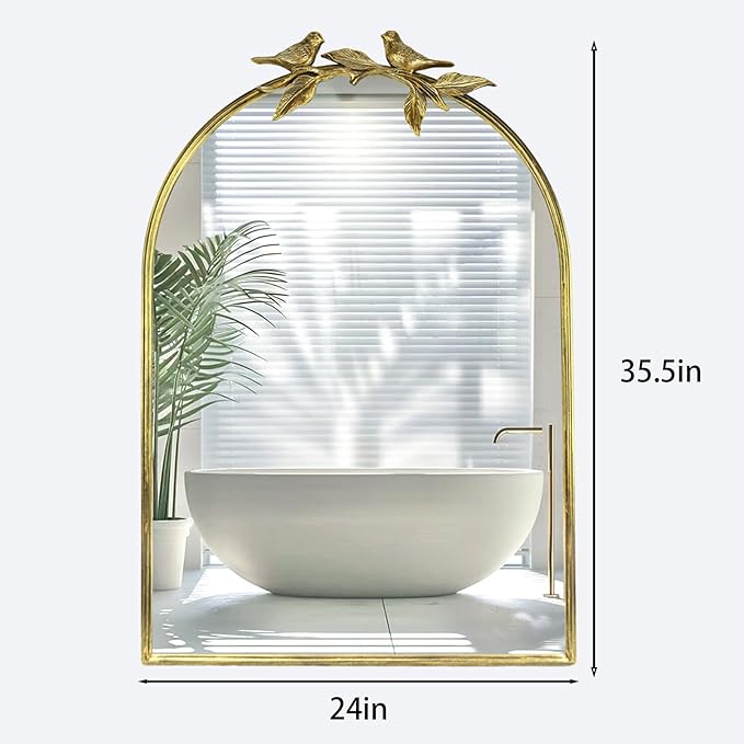 Gold Vintage Mirror for Vanity 24x35 Inch Gold Antique with Ornate Frame, Arched Vintage Wall for Bathroom, Living Room, Fireplace, Entryway