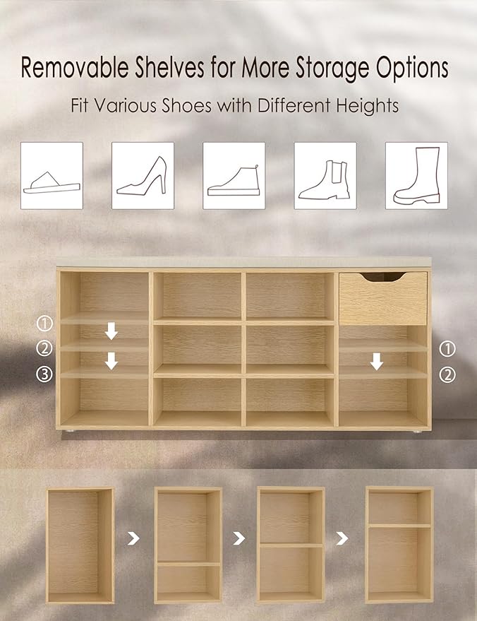 DINZI LVJ Shoe Storage Bench with Cushion, 11- Cubby Entryway Bench with Drawer and Adjustable Shelves, 40.9" Long Cubby Shoe Rack for Living Room, Bedroom, Mudroom, Natural and Cappuccino Beige