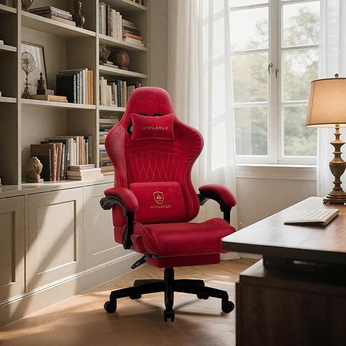GTPLAYER ACE-PRO Music Gaming Chairs – Built-in Speakers, App Support & Bluetooth Control, Footrest & Pocket, Gamer Chair for Adults, Cherry Red - Velvet