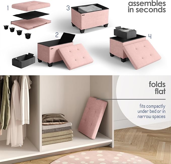 STORAGEBUD Storage Ottoman Cube with Small Bin, 16-in Square Ottoman with Storage for Living Room and Bedroom, Small Ottomans Foot Rest, Fabric Foot Stools Ottomans Max 330lbs, Pink