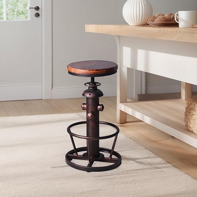 Vintage Swivel Bar Stool Industrial Coffee Kitchen Dining Chair Fire Hydrant Design Height Adjustable 24.8-30.7inch Solid Wooden Seat
