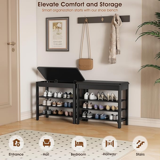 Shoe Rack Bench Seat Rubberwood 3-Tier Wooden Storage Bench 550lbs Compact Mid-Century Modern Design for Entryway, Hallway, Closet, Front Door Entrance, Foyer