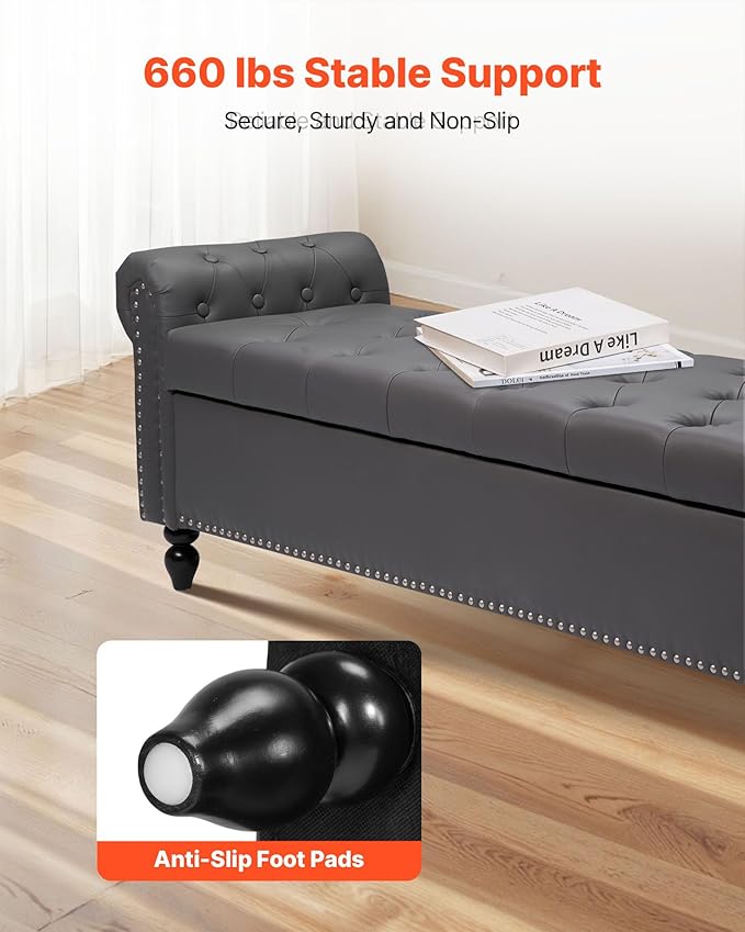 VEVOR Button-Tufted Storage Ottoman Bench, Rolled Arm PU Leather Bench with Solid Wood Legs, Modern Shoe Benches Seat for Entryway, Upholstered End of Bed Benches for Living Room, Dining Room, Gray