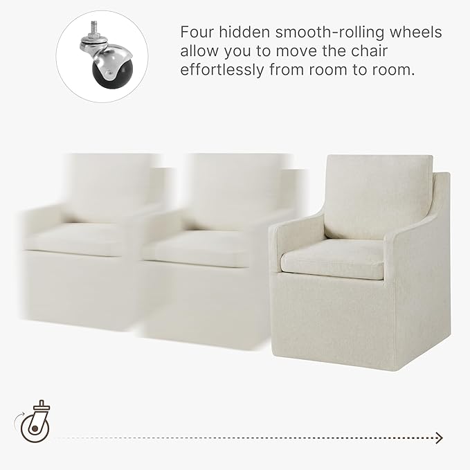 Upholstered Dining Chairs with Casters Washable Cover Side Deskchair with Rollers for Diningroom, Living Room, Cream Beige, 4 Box