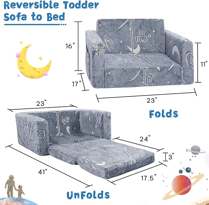 Toddler Chair Comfy,2-in-1 Soft Toddler Couch Fold Out for Kids,Convertible Sofa to Lounger,Gift for Girls and Boys Birthday,Space,Medium