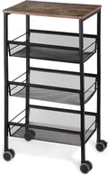 LIANTRAL Rustic Kitchen Storage Cart, 4 Tier Kitchen Cart on Wheels, Metal Mesh Storage Pantry Cart with Lockable Wheels, Wood Look Top and Metal Frame.