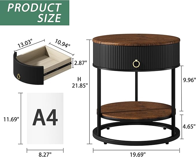 OIOG Round End Table with Drawer, Modern Wood Grain Side Table with Shelf, 2-Tier Nightstand with Drawer for Living Room, Bedroom, Rustic Brown and Black