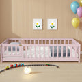 Twin Floor Bed Frame with Slats and Safety Guardrail, Wood Twin Size Montessori Floor Bed with Door and Fence, Easy Assemble Montessori Beds for Kids, Girls, Boys, Pink