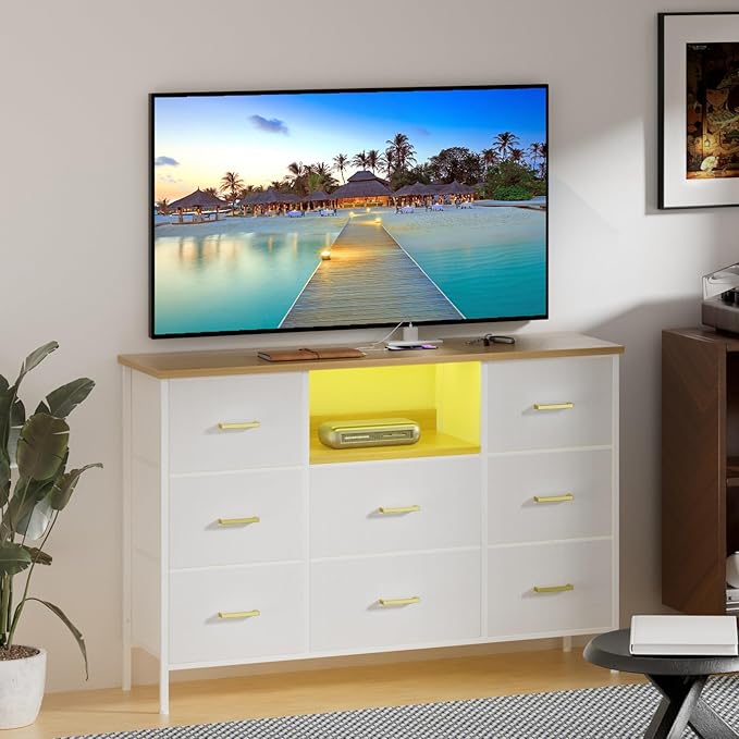 White Dresser with LED Lights and Power Outlets, Dresser TV Stand with 8 Drawers for 55" TV, Fabric Chest of Drawers for Bedroom, Living Room, Entryway