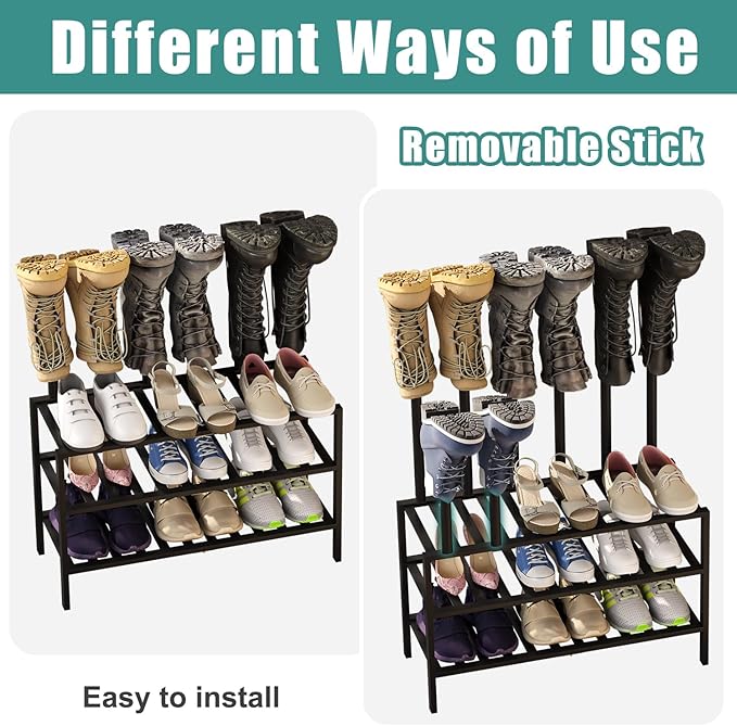 Black Boot Rack, Boot Rack Organizer Tall Boots with Shoe Rack for Closet, Bamboo Wood Shoe Shelf Storage Organizer for Entryway Small Space