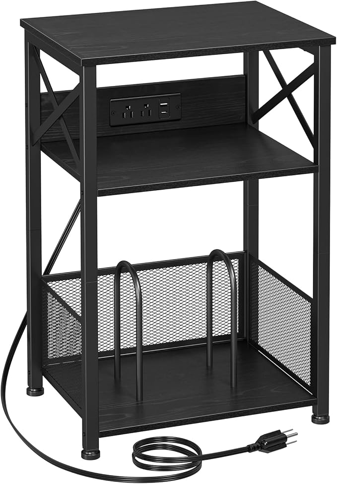 AMHANCIBLE Record Player Stand with Charging Station, Turntable Stand with Storage Cabinet, 3 Tier End Table Hold Up to 100 Albums, Record Stand for Vinyl, Living Room, Black, HETCD01BK-1