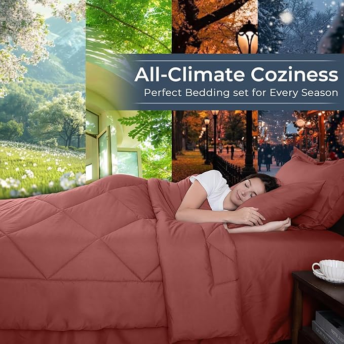 HEVUMYI Terracotta Queen Comforter Set - 7-Piece All Season Bed in a Bag Queen, Ultra Soft Bedding Set with Comforter, Flat Sheet, Fitted Sheet, Pillowcases, Pillow Shams