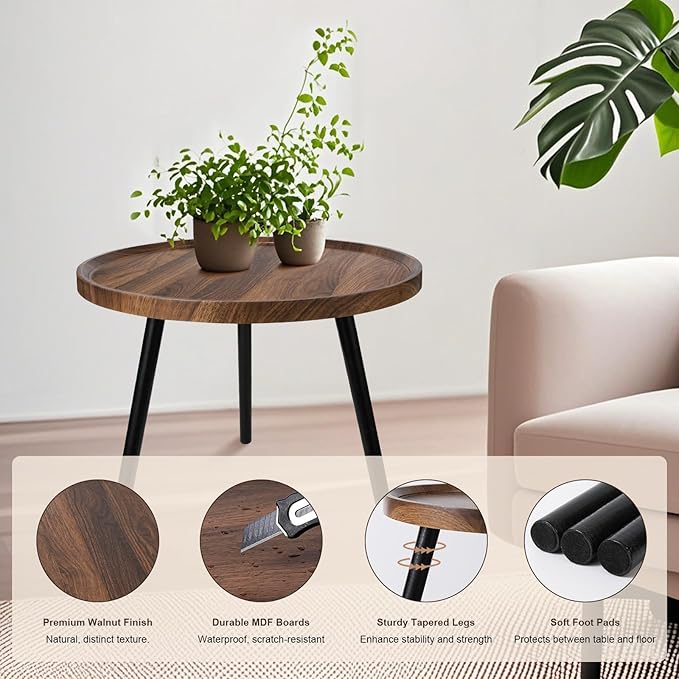 Nesting Coffee Table Set of 2, Modern Round Coffee Tables Nesting Side Table Set, Easy Assembly Nesting Tables for Living Room, Walnut Wood End Tables for Home Office Yard
