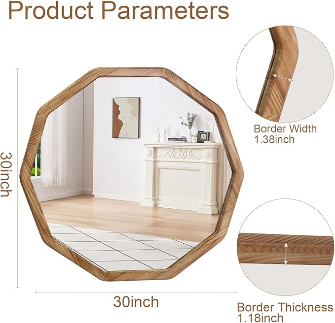 ULIKE Wood Mirror for Wall, 30 Inch Rustic Farmhouse Mirror with Wood Frame, Decorative Wall Mounted Vanity Mirrors for Bathroom Bedroom Living Room Entryway, Brown