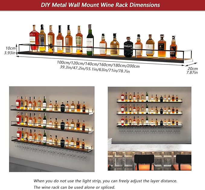 78.7in Wall-Mounted Metal Wine Rack with LED Lights 3-Tier Floating Bar Shelves with Wine Glass Rack Large Wine Bottle Display Rack Hanging Shelf, for Home Bar Decorative (Gold, 200cm/78.7in)