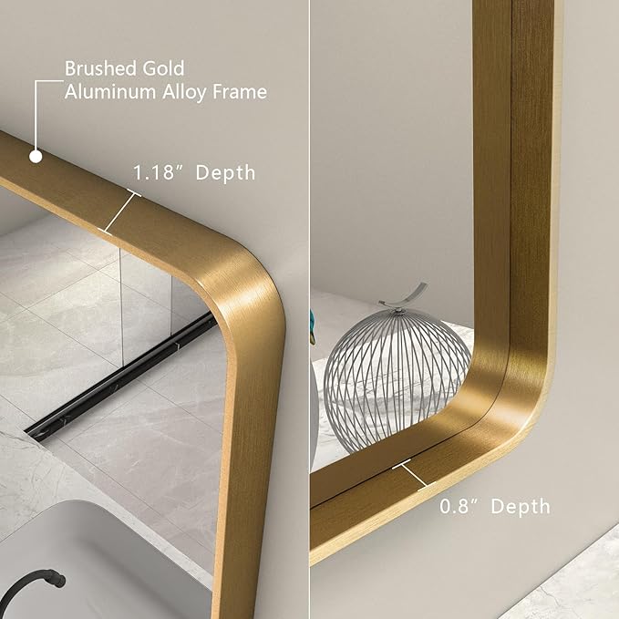 44x30 Gold Framed Mirror for Bathroom, Brushed Gold Brass Bathroom Mirror, Rectangle Gold Bathroom Vanity Mirror for Wall, Shatterproof, Anti-Rust, Hangs Horizontally or Vertically