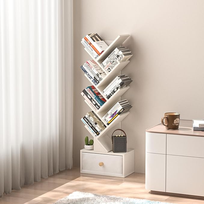8 Tier Tree Bookshelf with Drawer, Free Standing Wood Bookcase for Narrow Space, Storage Organizer Bookshelves for Books, Book Case for Home Office, Living Room, Bedroom - Sweet White