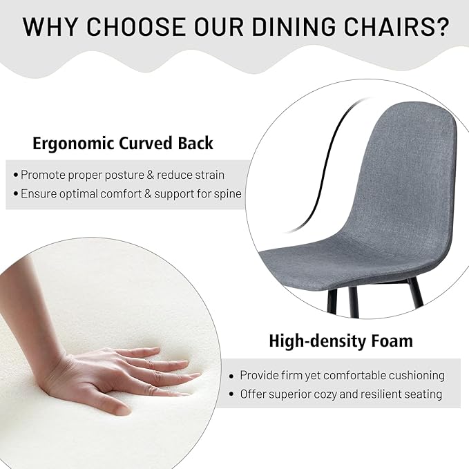 FurnitureR Dining Chairs Set of 4, Fabric Comfy Seat Armless Side Chairs with Metal Legs for Home Kitchen Dining Room Reception Room, Slubbed Grey