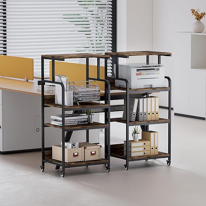 4 Tier Printer Stand with Storage Shelf, Large Tall Printer Table for Home Office, Movable Printer Cart with Industrial Wheels for Paper Shredder Scanner Fax Heat Press Small Space (Rustic Brown)