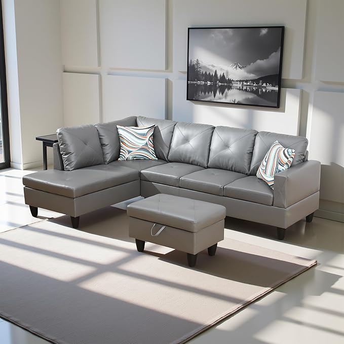 L Shaped Couch Faux Leather Sectional Couch Upholstered 3 Pieces Sofas for Living Room with Chaise, Storage Ottoman for Office and Small Apartment, Dark Grey