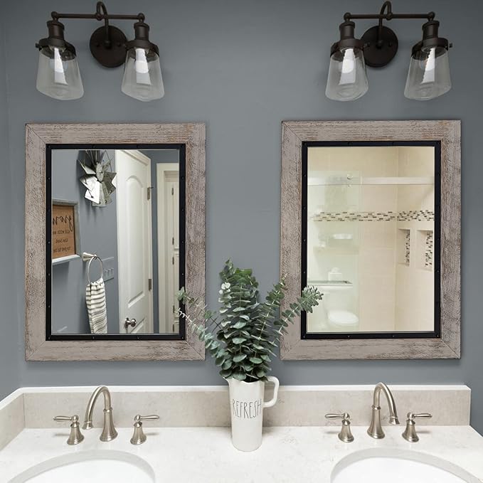YOSHOOT Rustic Wooden Framed Wall Mirror, 40"x30", Natural Wood and Iron Bathroom Vanity Mirror for Farmhouse Decor, Vertical or Horizontal Hanging