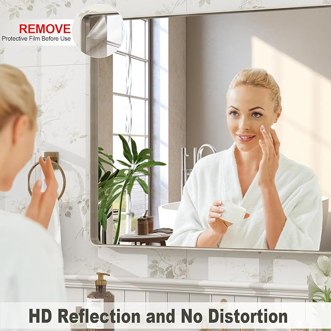55x36 Inch Brushed Nickel Bathroom Mirror, Large Brushed Silver Metal Framed Wall Mirror, Rounded Corner Rectangle Modern Vanity Mirror, Tempered Glass, Anti-Rust, Shatterproof (Horizontal/Vertical)