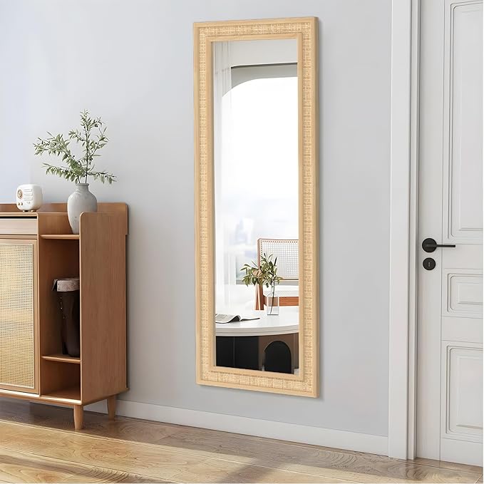 Rattan Wall Mirror with Wooden Framed 18 X 48 inch Farmhouse Rectangle Wood Mirror for Modern Decorative Bathroom, Living Room, Entryway, Bedroom
