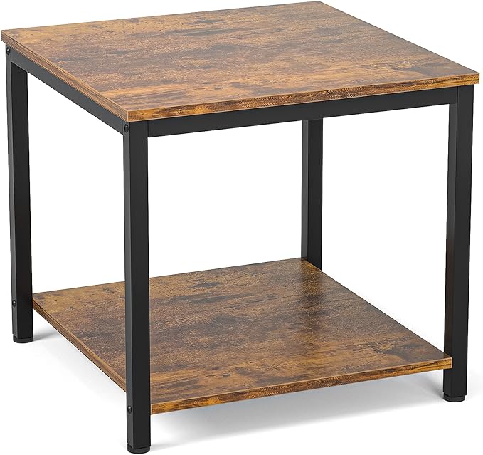 Homieasy Side Table 20 Inch Square, 2-Tier Coffee Tea End Table Nightstands for Sofa Couch Bed, Metal Wood Accent Modern Simple Industrial Style Side Table for Living Room Bedroom, Rustic Brown