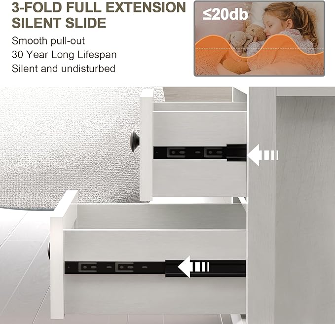 End Table with Fast USB C Charging Station, 18" Wide Tall Sofa Side Table with 2 Drawers, Large Storage Rustic Wood Square Storage Cabinet for Living Room,Bedroom,Office, White