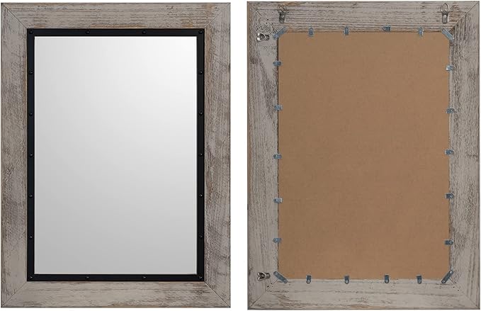 YOSHOOT Rustic Wooden Framed Wall Mirror, 32"x24", Natural Wood and Iron Bathroom Vanity Mirror for Farmhouse Decor, Vertical or Horizontal Hanging