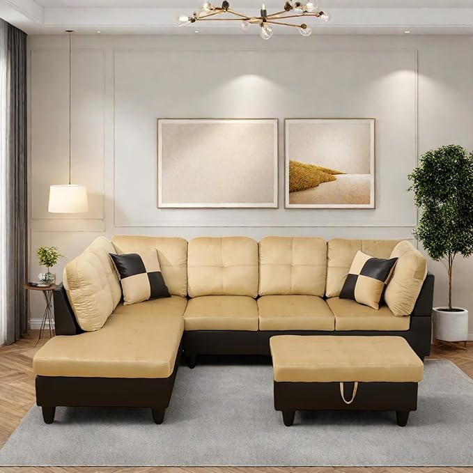 Modern Living Room Furniture Sets with Pillows, Modular Sectional Couches with Chaise Lounge, 4-Seaters L Shape Sofa with Storage Ottoman, for Living Room, Beige and Brown